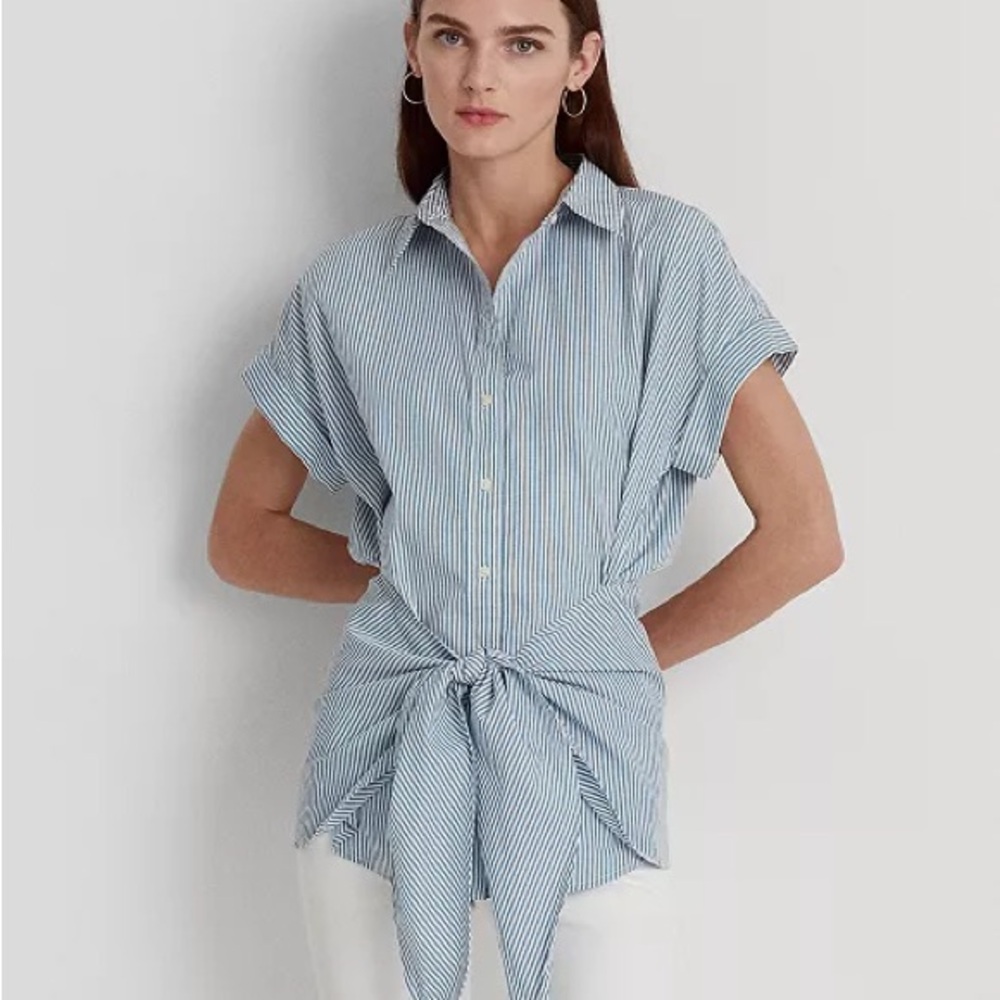 Ralph Lauren Blue-White Tie-Front Shirt 100% Linen - PL